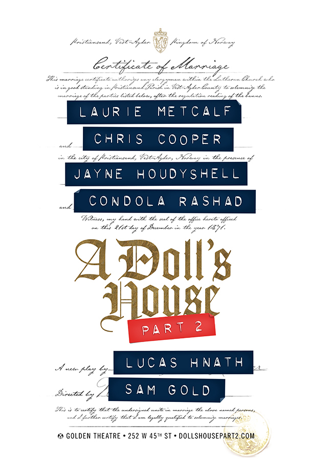A Doll's House, Part 2 Broadway production poster featuring writing in blue, gold, and red lettering