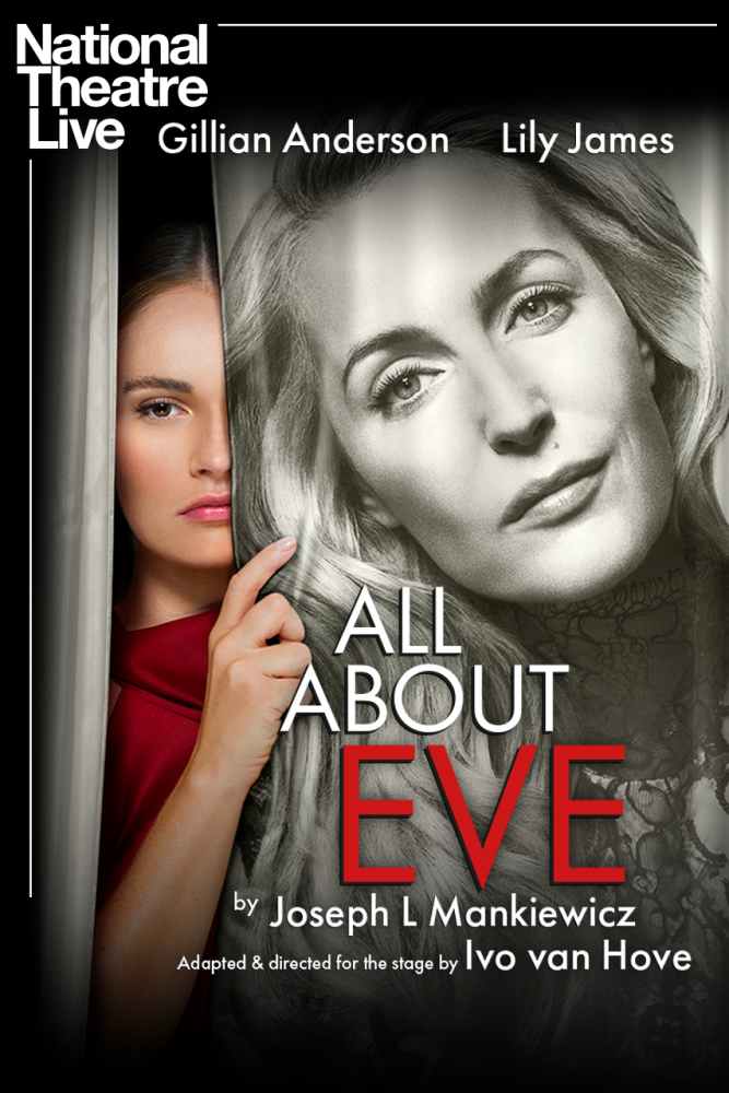 All About Eve West End production poster features a young woman peaking out a curtain which has the face of an older woman on it