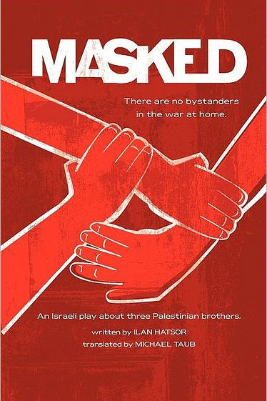 Completely red Masked production poster with three arms holding each other and text "Masked" above in white
