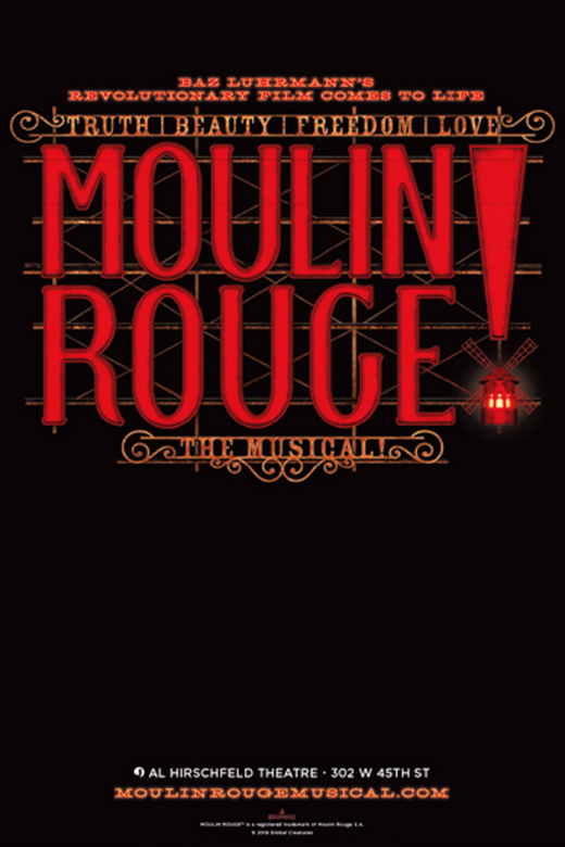 Moulin Rouge Broadway poster with black background and red text