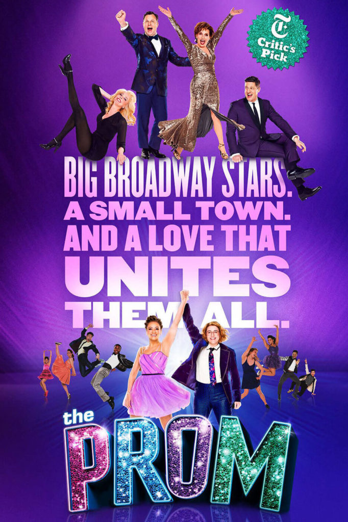 Characters of The Prom musical against a purple background and text. Lesbian couple featured prominently.